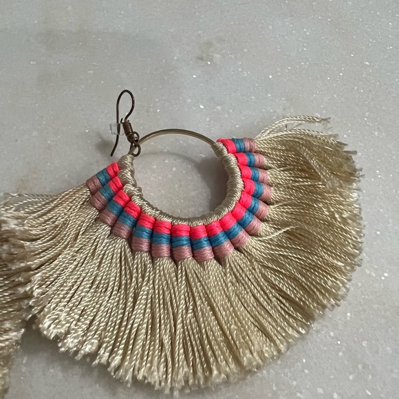 Cream String/Tassel Hoop Earrings w/ Pink & Blue Accents - Picture 3 of 7